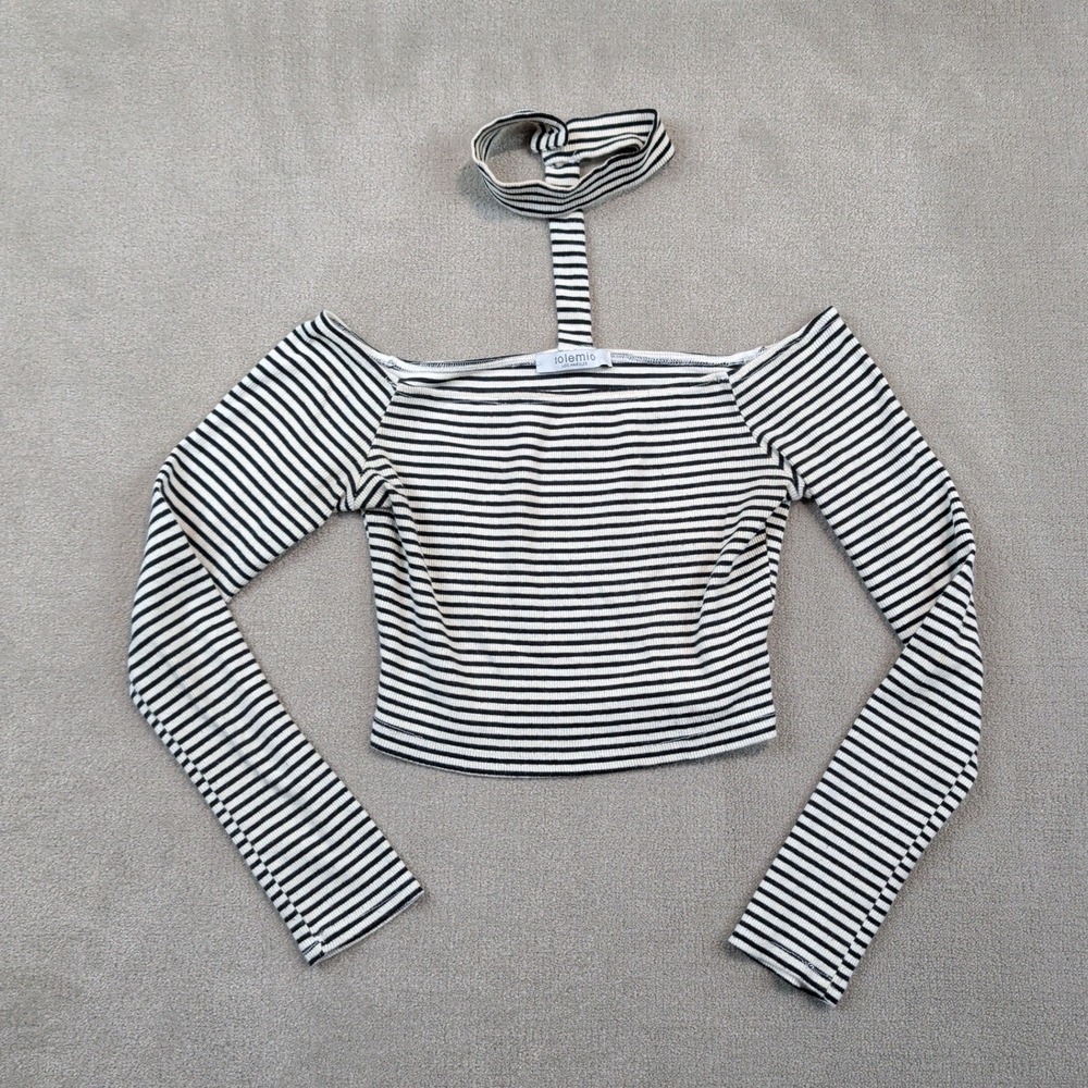 Solemio Size M Women Black White Striped Choker Off Shoulder Ribbed Crop Top